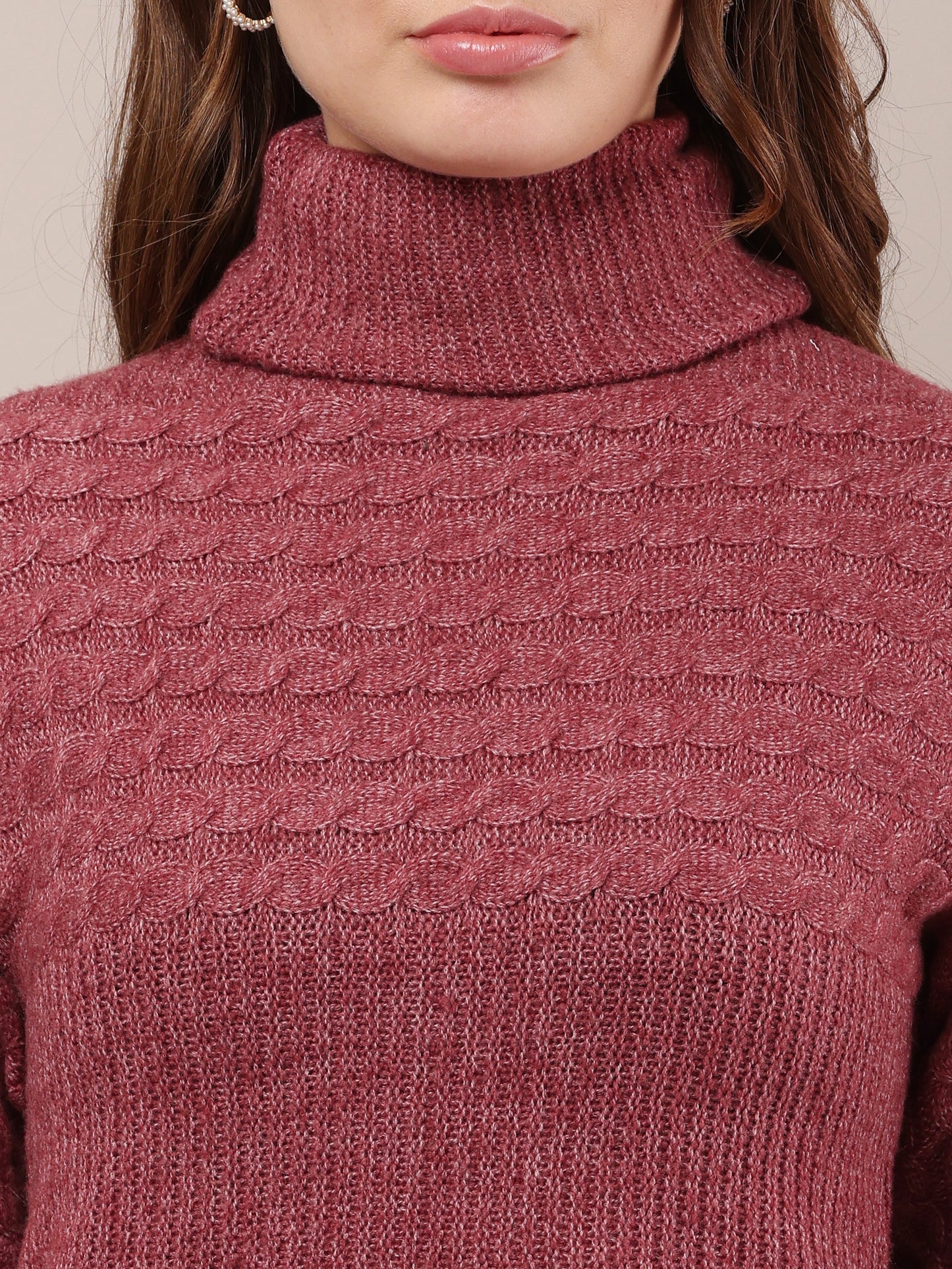 Women High Neck Cable Knit Sweater