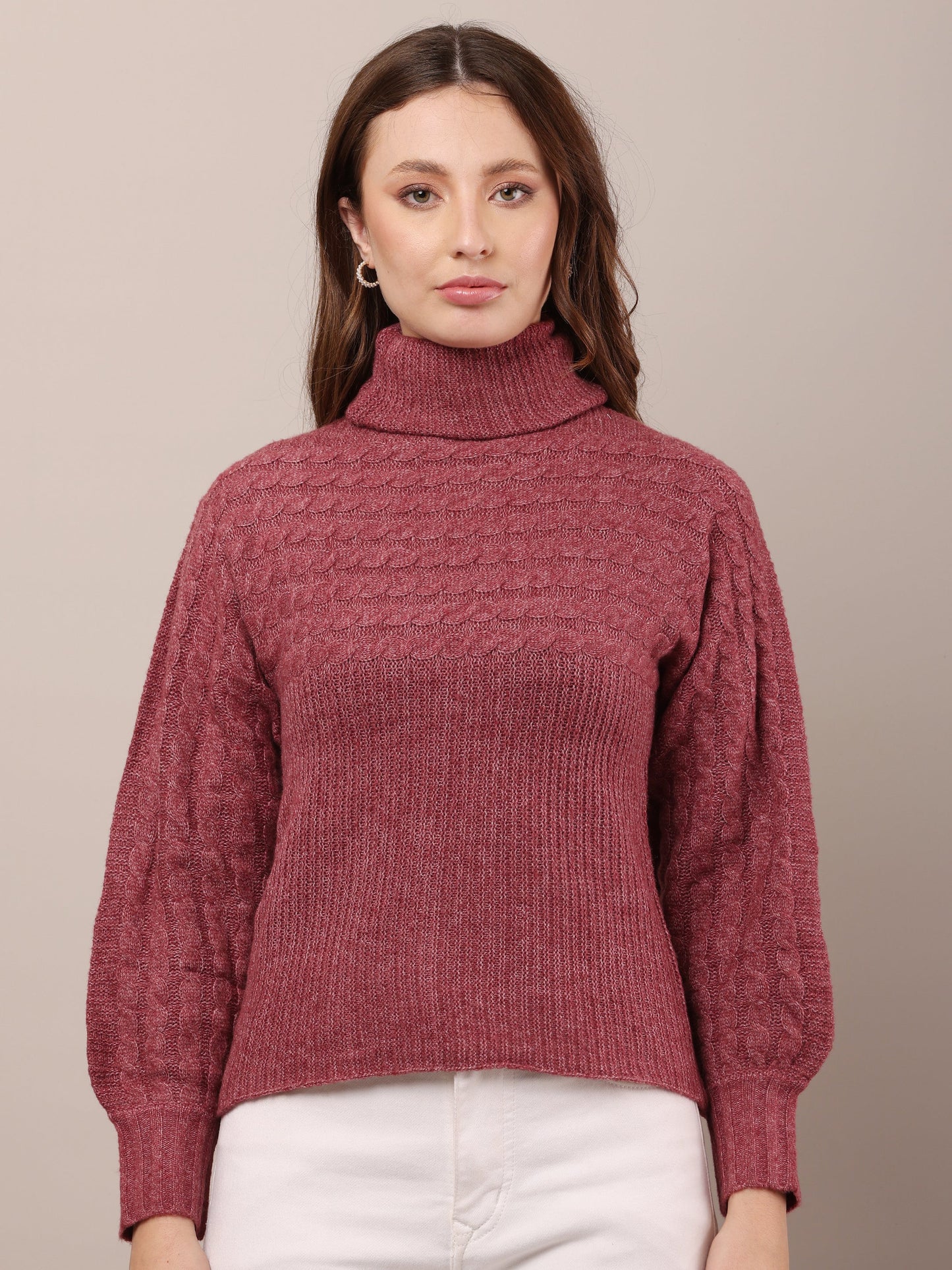 Women High Neck Cable Knit Sweater