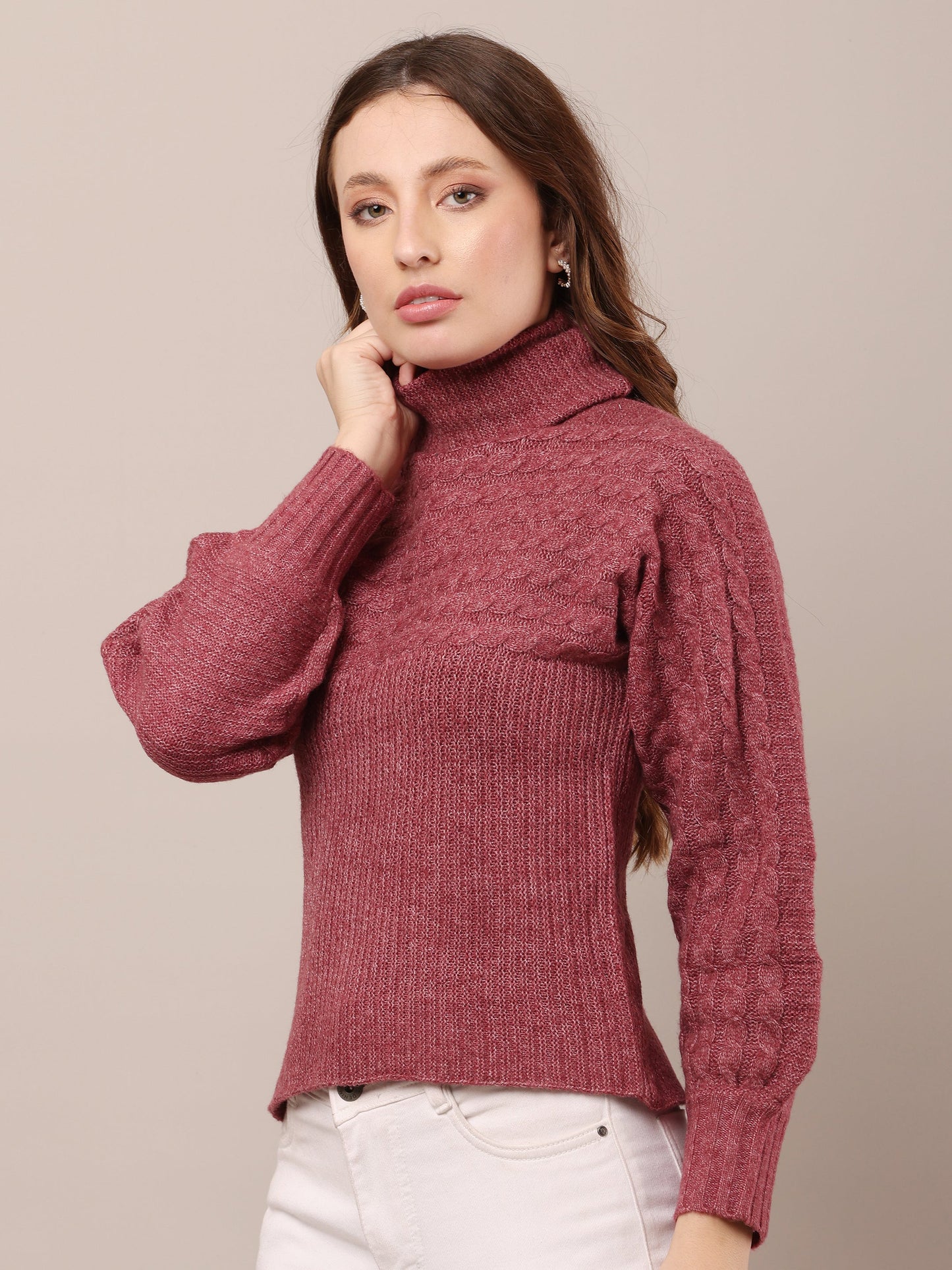 Women High Neck Cable Knit Sweater