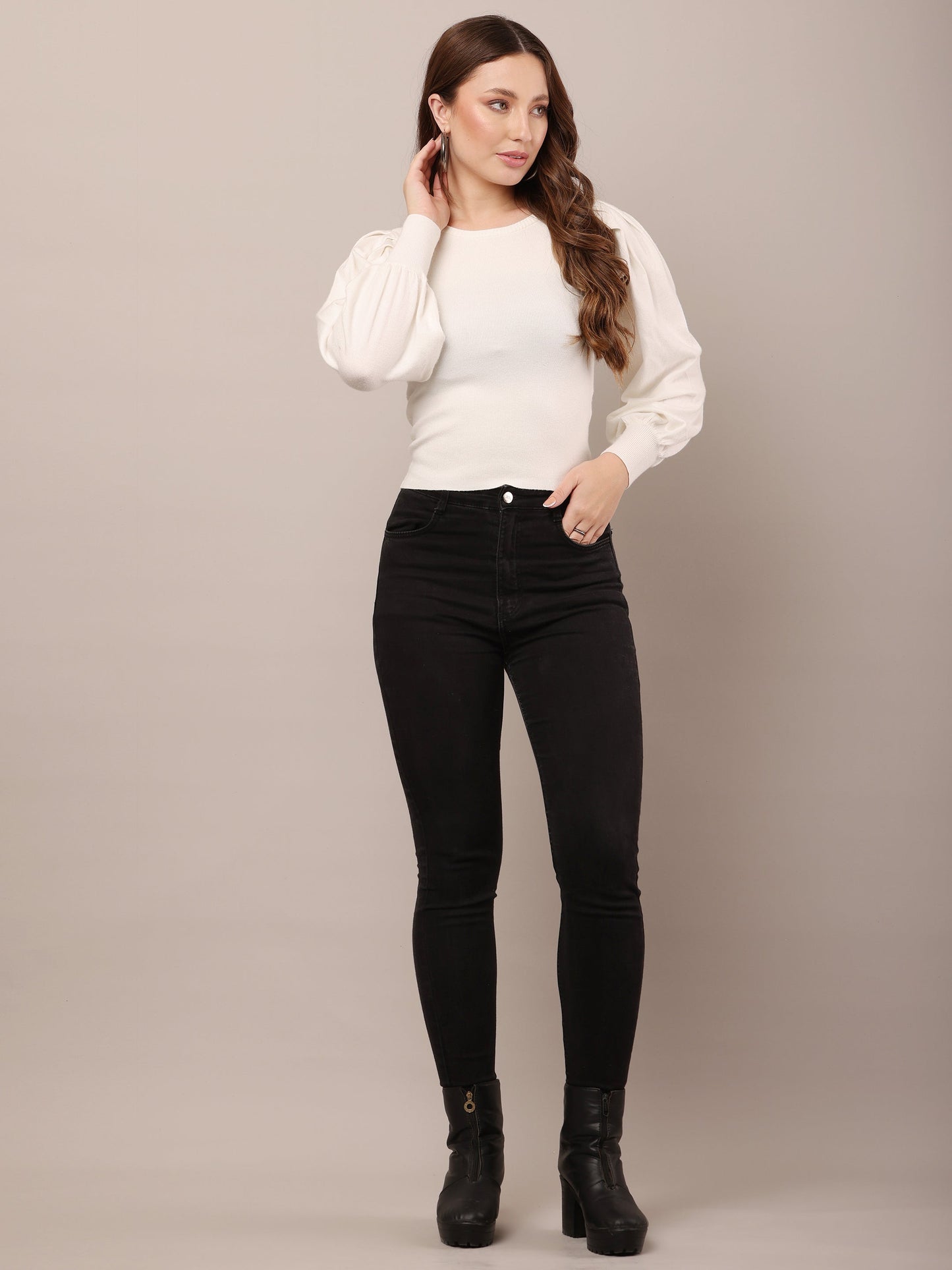 Women Viscose Puff Sleeves Rib Off-white Top