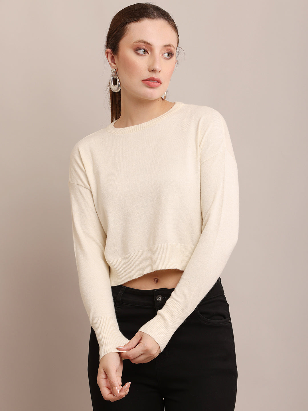 Women Viscose Crop Cream Sweater