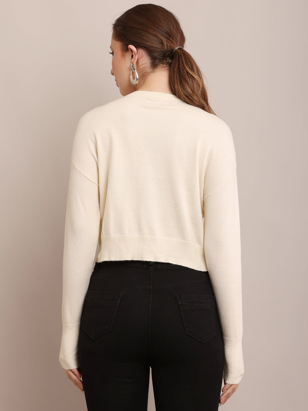 Women Viscose Crop Cream Sweater