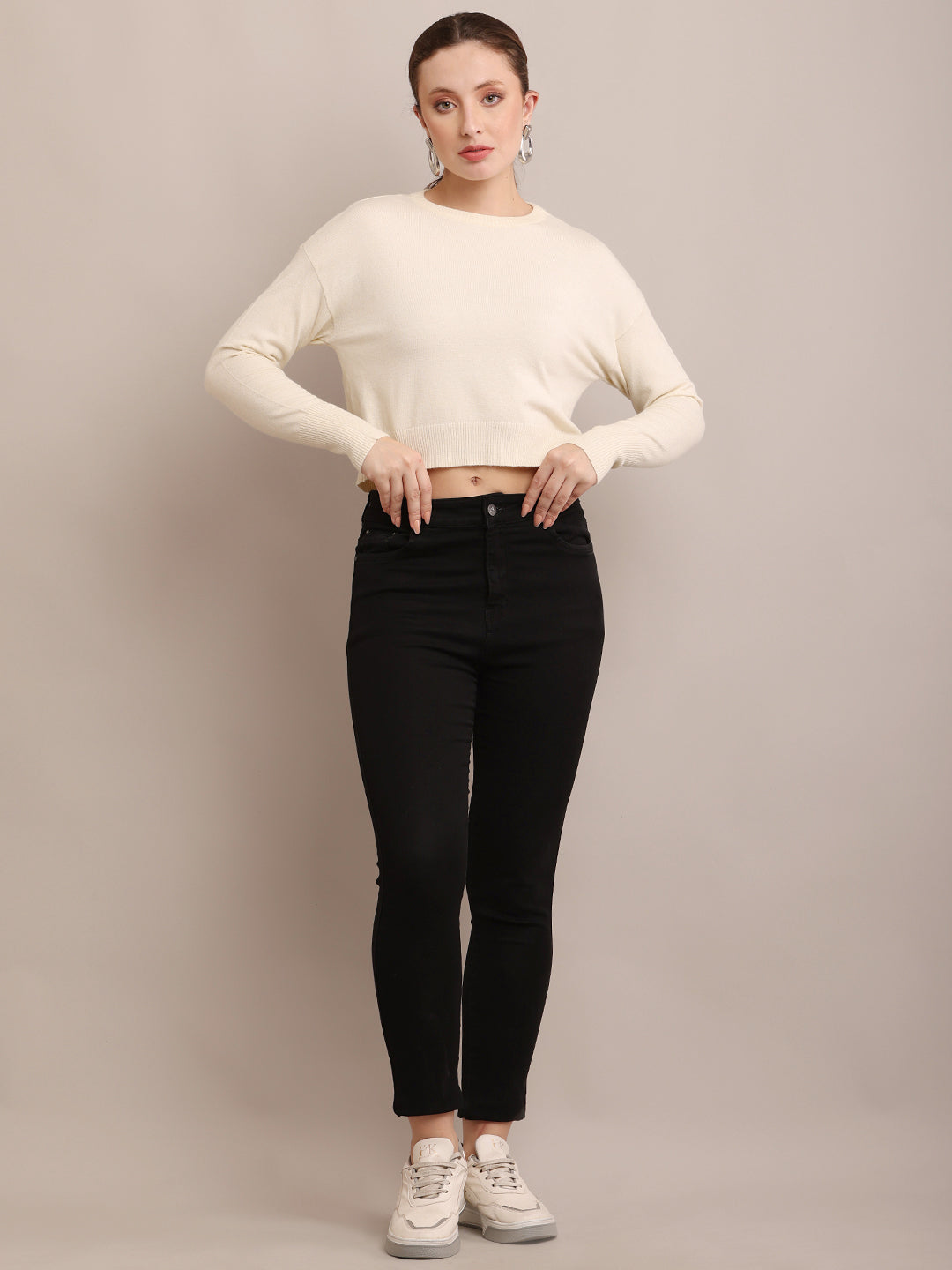 Women Viscose Crop Cream Sweater
