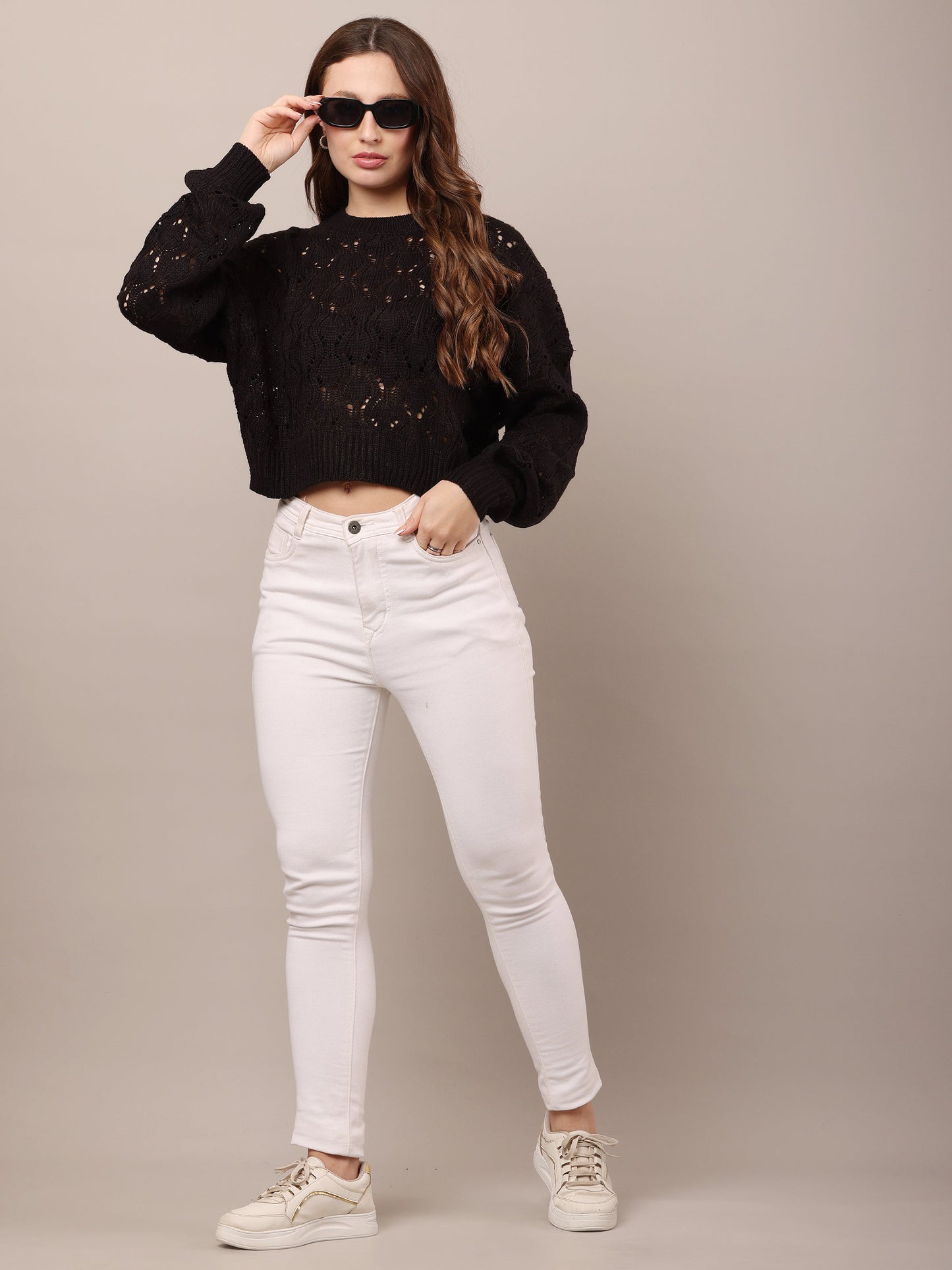 Women Cotton Drop Shoulder Black Crochet Sweater