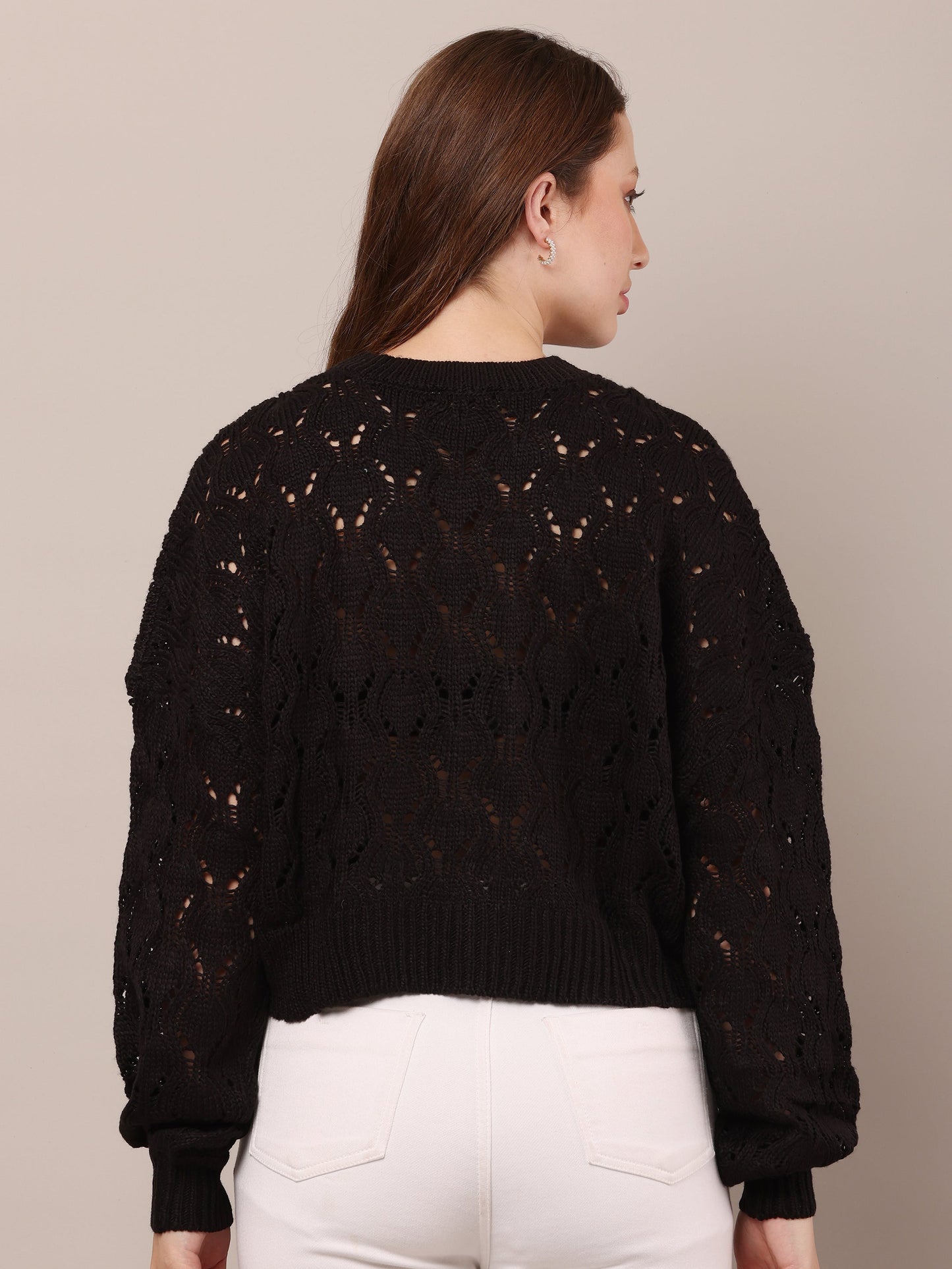 Women Cotton Drop Shoulder Black Crochet Sweater