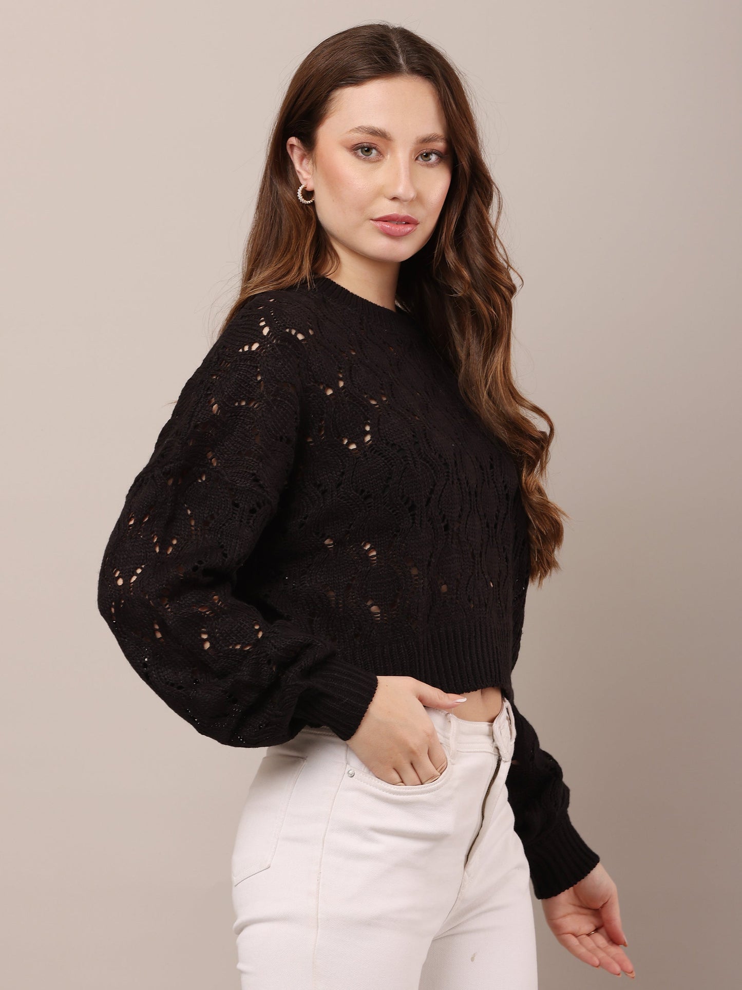 Women Cotton Drop Shoulder Black Crochet Sweater