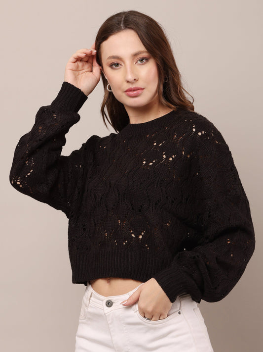 Women Cotton Drop Shoulder Black Crochet Sweater