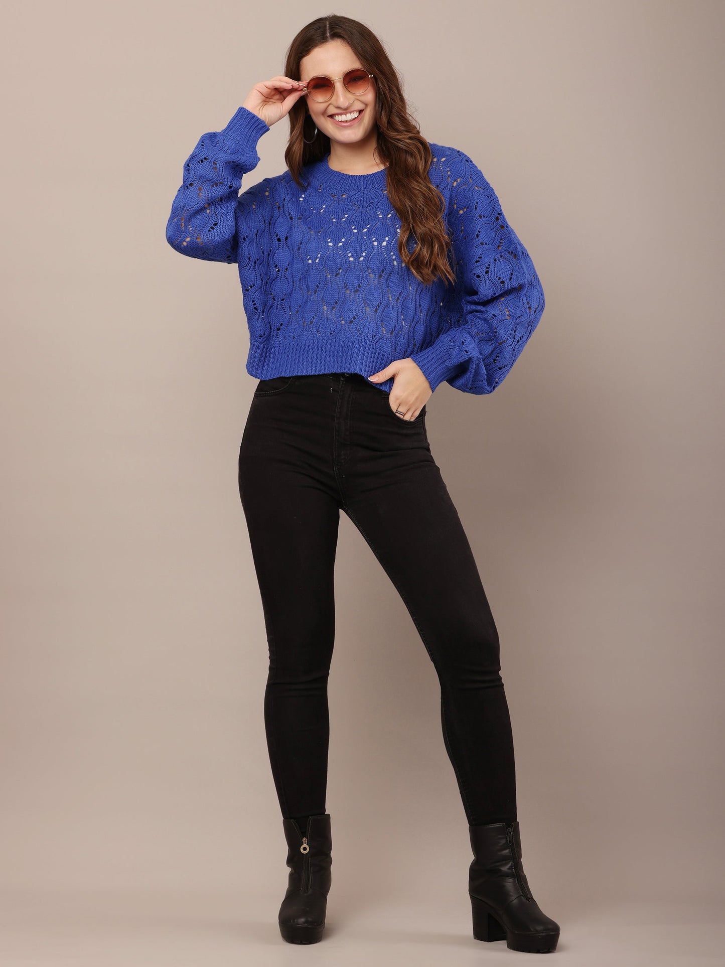 Women Cotton Drop Shoulder Blue Crochet Sweater