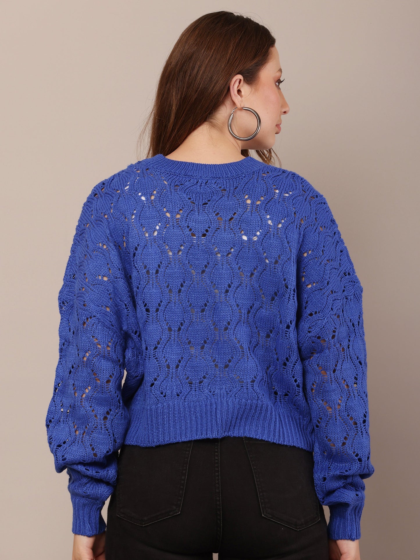 Women Cotton Drop Shoulder Blue Crochet Sweater