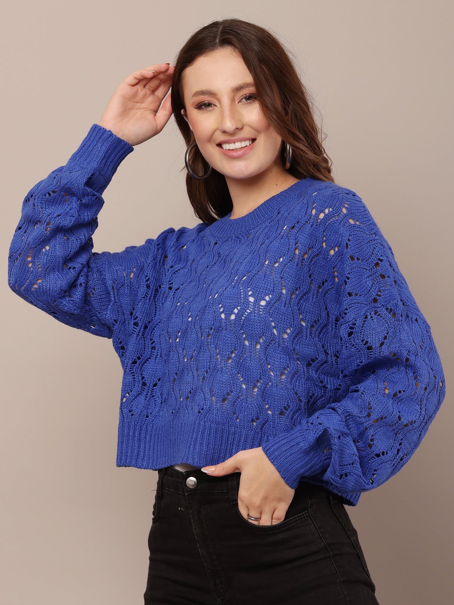 Women Cotton Drop Shoulder Blue Crochet Sweater