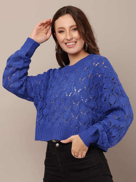 Women Cotton Drop Shoulder Blue Crochet Sweater