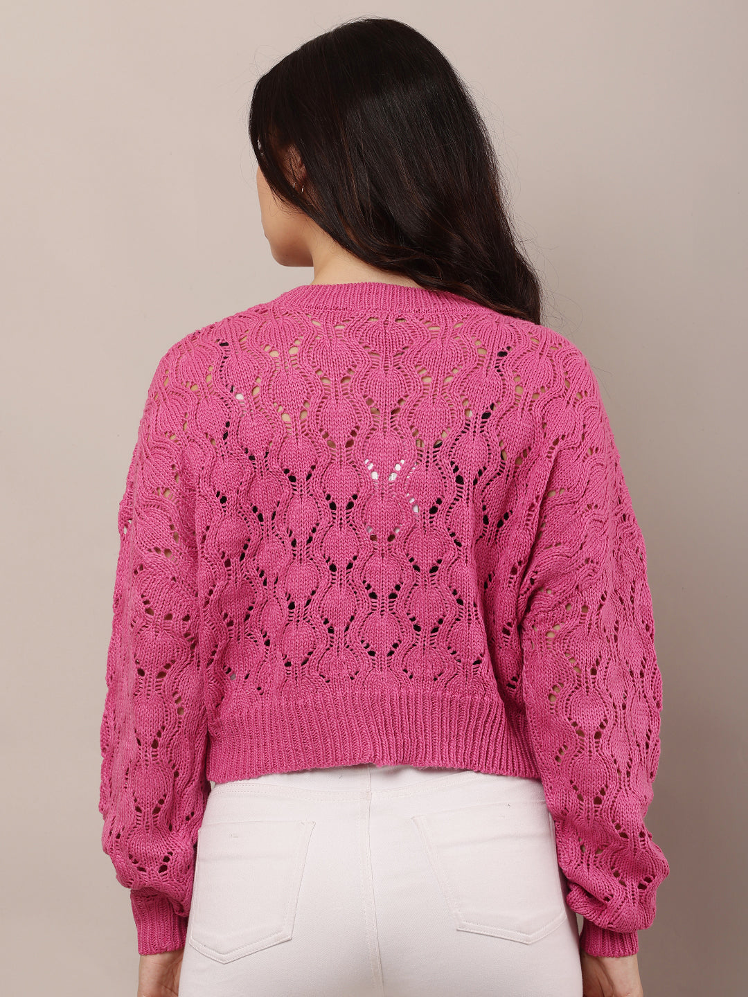 Women Pink Crew Neck Drop Shoulder Crochet Sweater