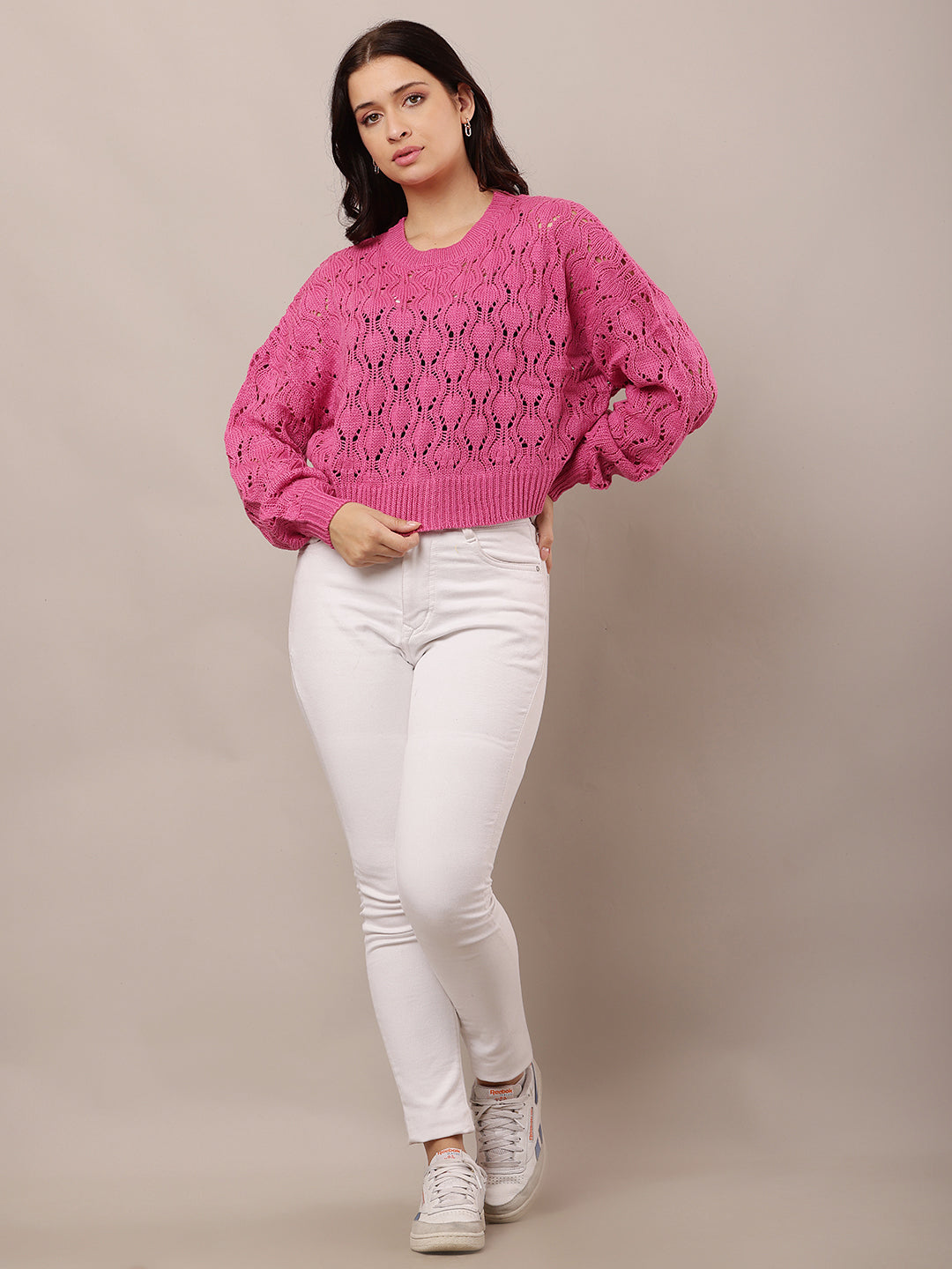 Women Pink Crew Neck Drop Shoulder Crochet Sweater