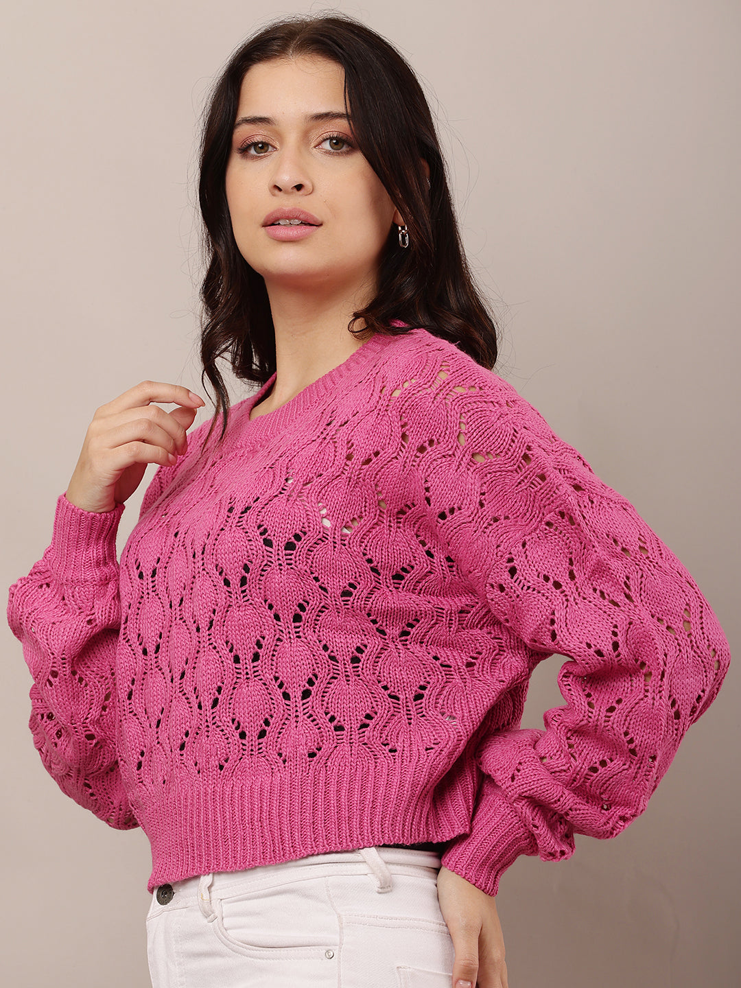 Women Pink Crew Neck Drop Shoulder Crochet Sweater