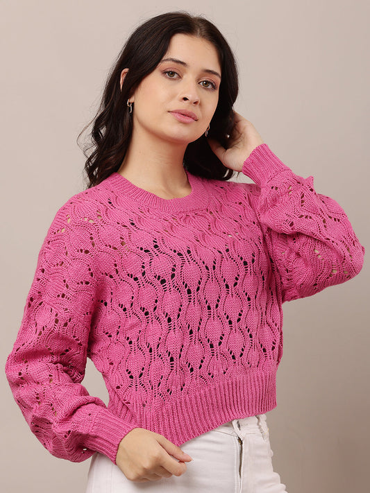 Women Pink Crew Neck Drop Shoulder Crochet Sweater