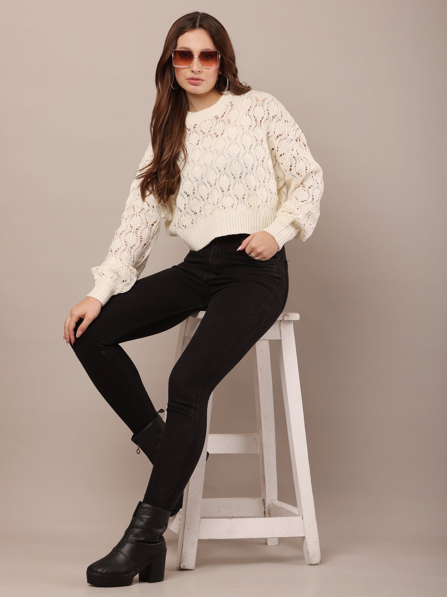 Women Cotton Drop Shoulder White Crochet Sweater