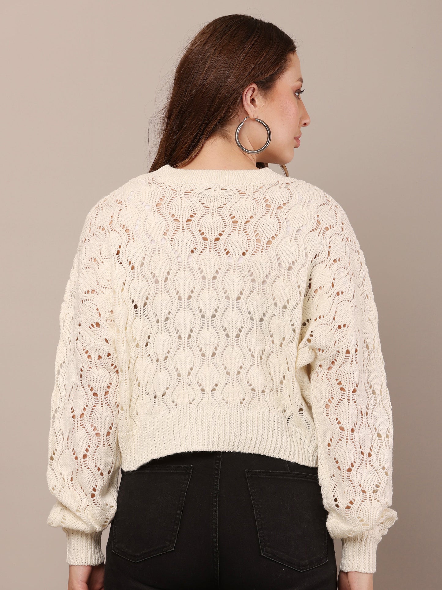 Women Cotton Drop Shoulder White Crochet Sweater