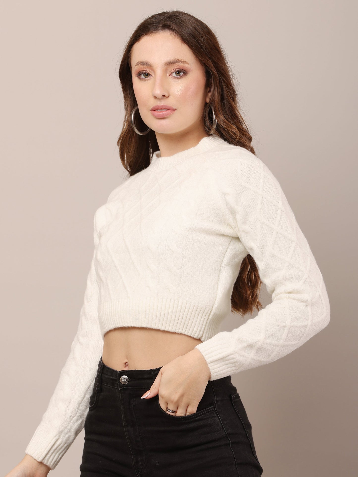 Women Acrylic Off-white Crop Sweater