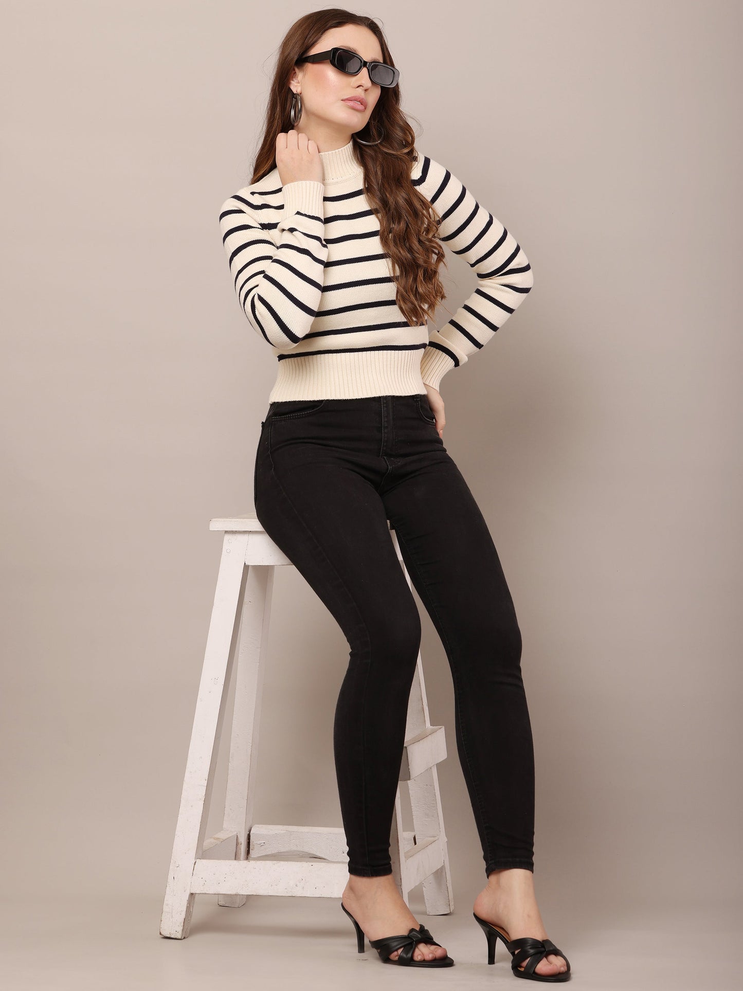 Women Viscose Cream and Black Striped Sweater