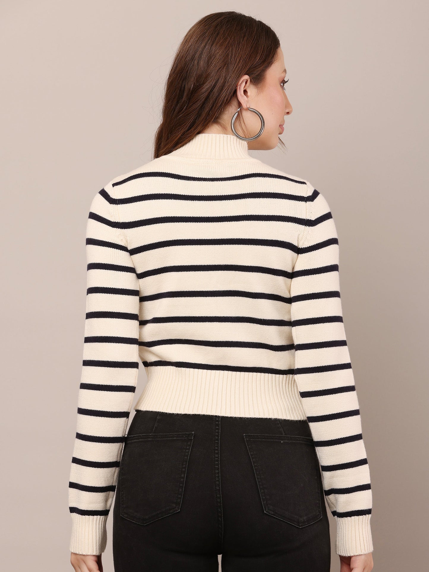 Women Viscose Cream and Black Striped Sweater
