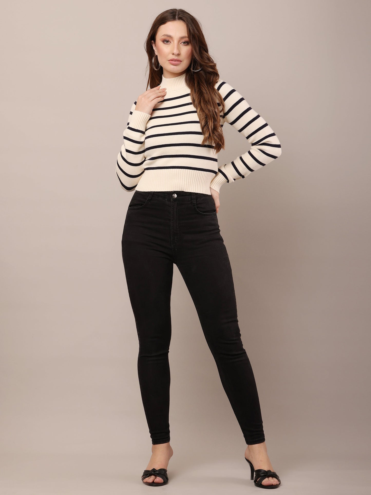 Women Viscose Cream and Black Striped Sweater