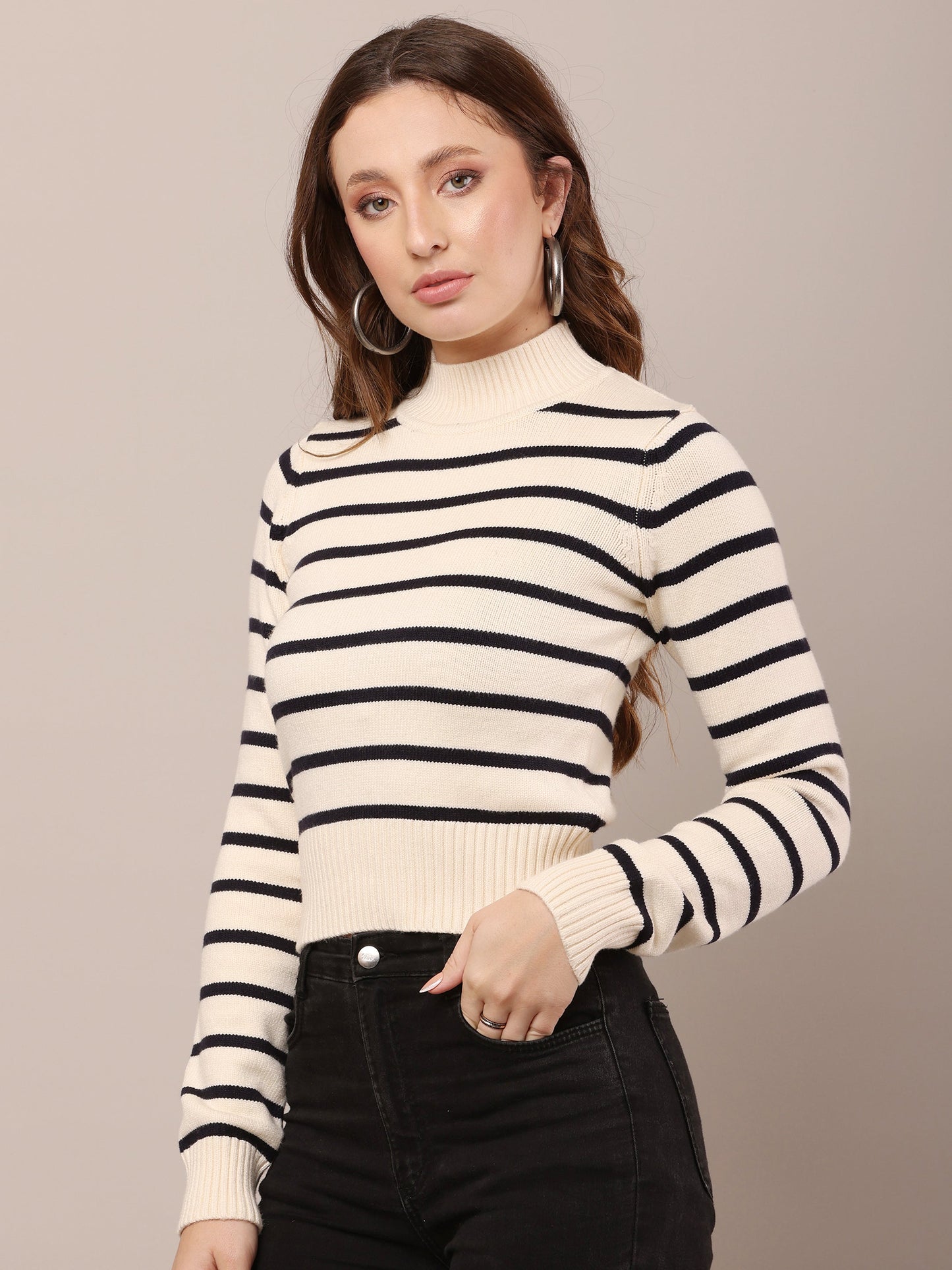 Women Viscose Cream and Black Striped Sweater