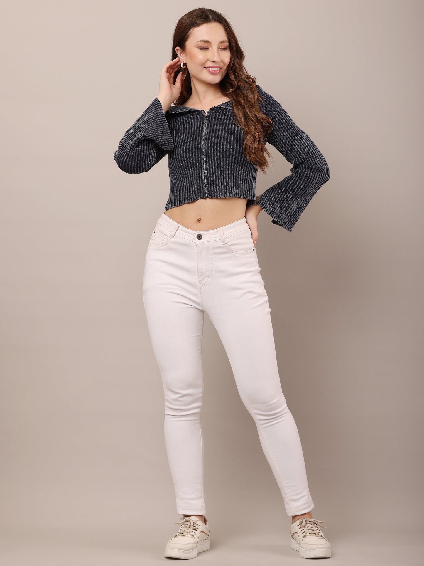 Women Cotton Off-Shoulder Smoke Dark Blue Crop Top