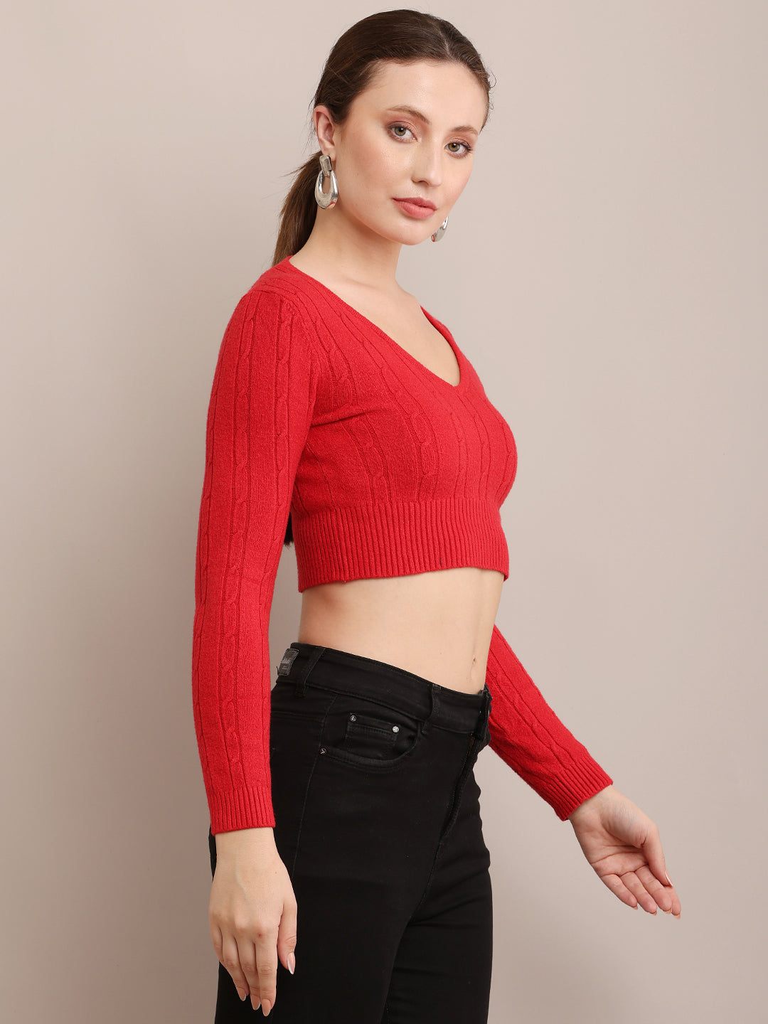Women Ribbed Fitted Red Crop Top
