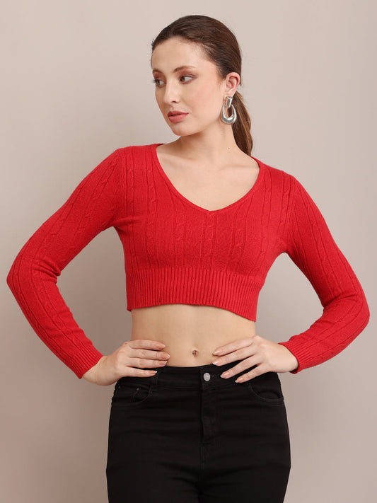 Women Ribbed Fitted Red Crop Top