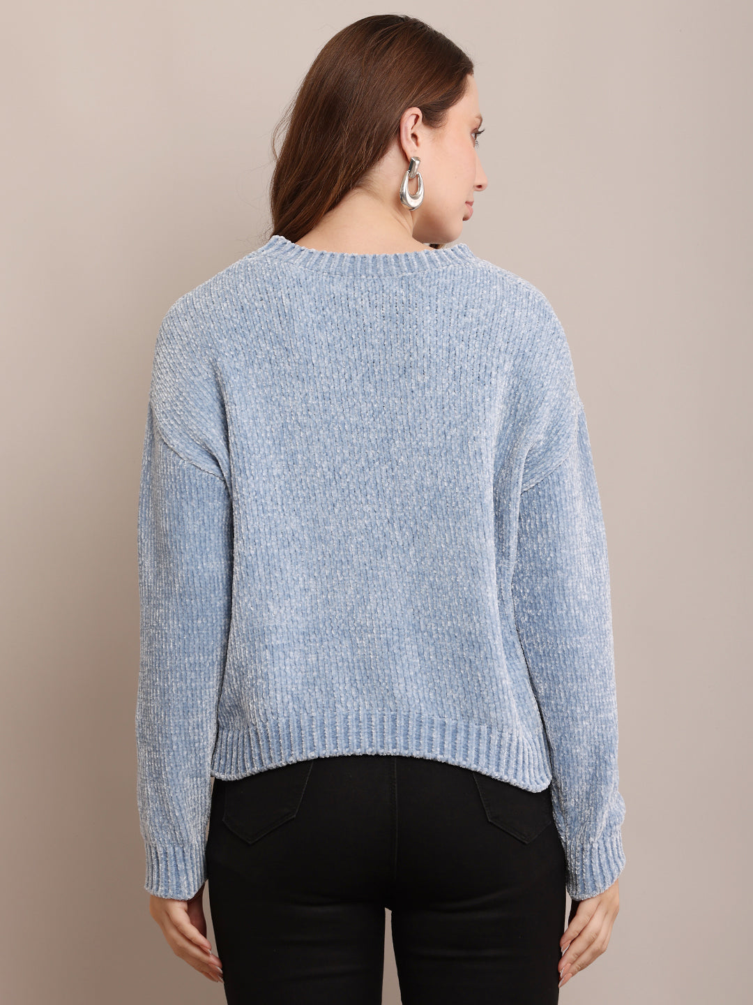 Women Polyester Round Neck Blue Sweater