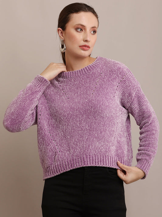 Women Polyester Round Neck Purple Sweater