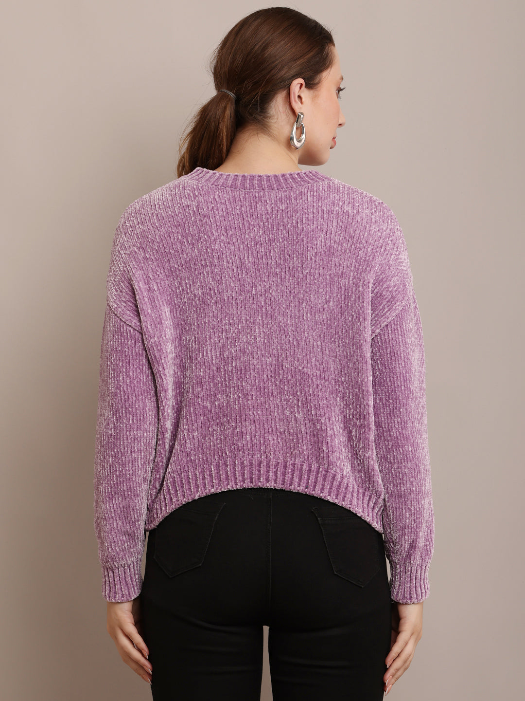 Women Polyester Round Neck Purple Sweater