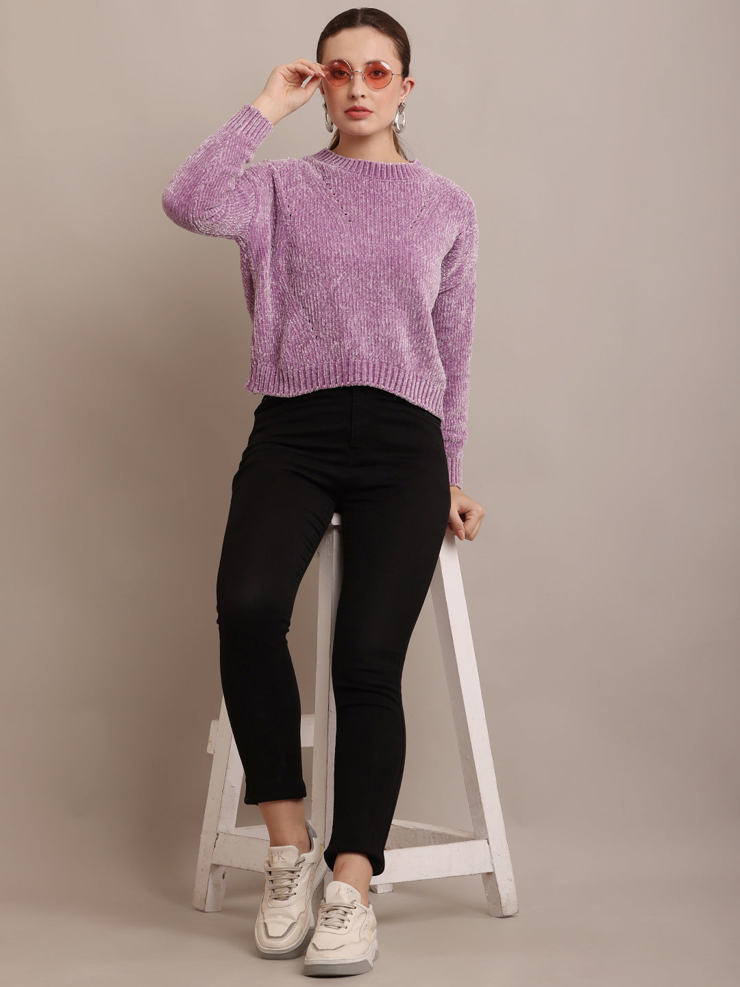 Women Polyester Round Neck Purple Sweater
