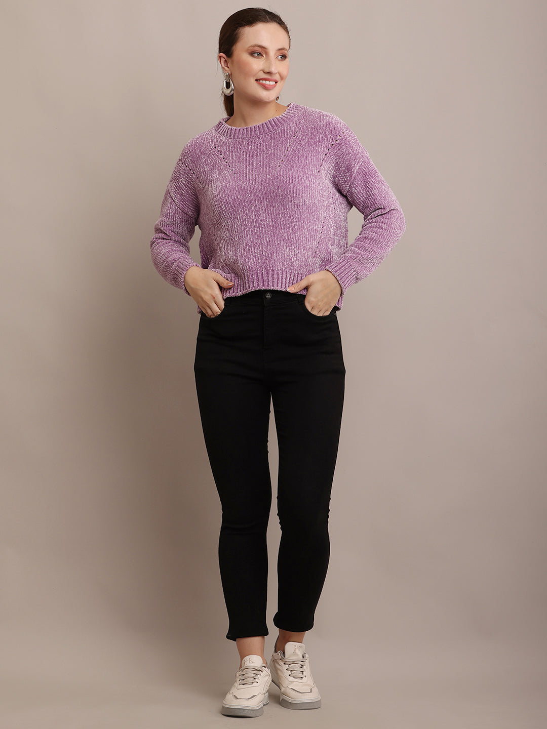Women Polyester Round Neck Purple Sweater