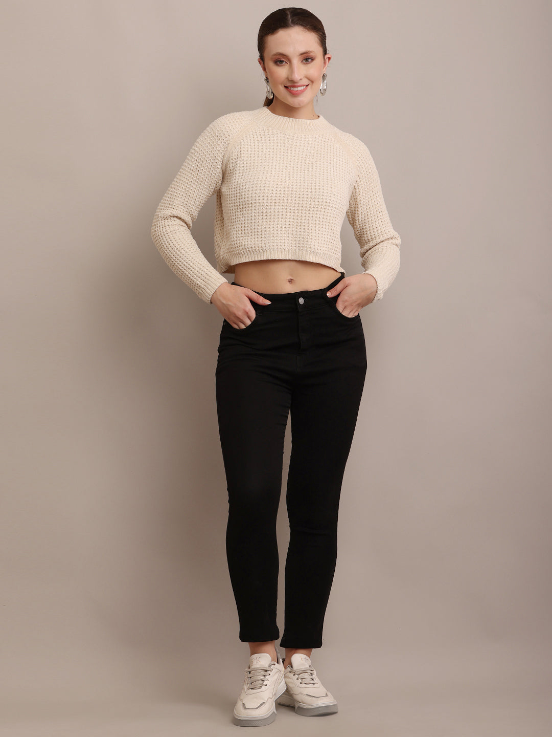 Women Polyester Cropped Cream sweater