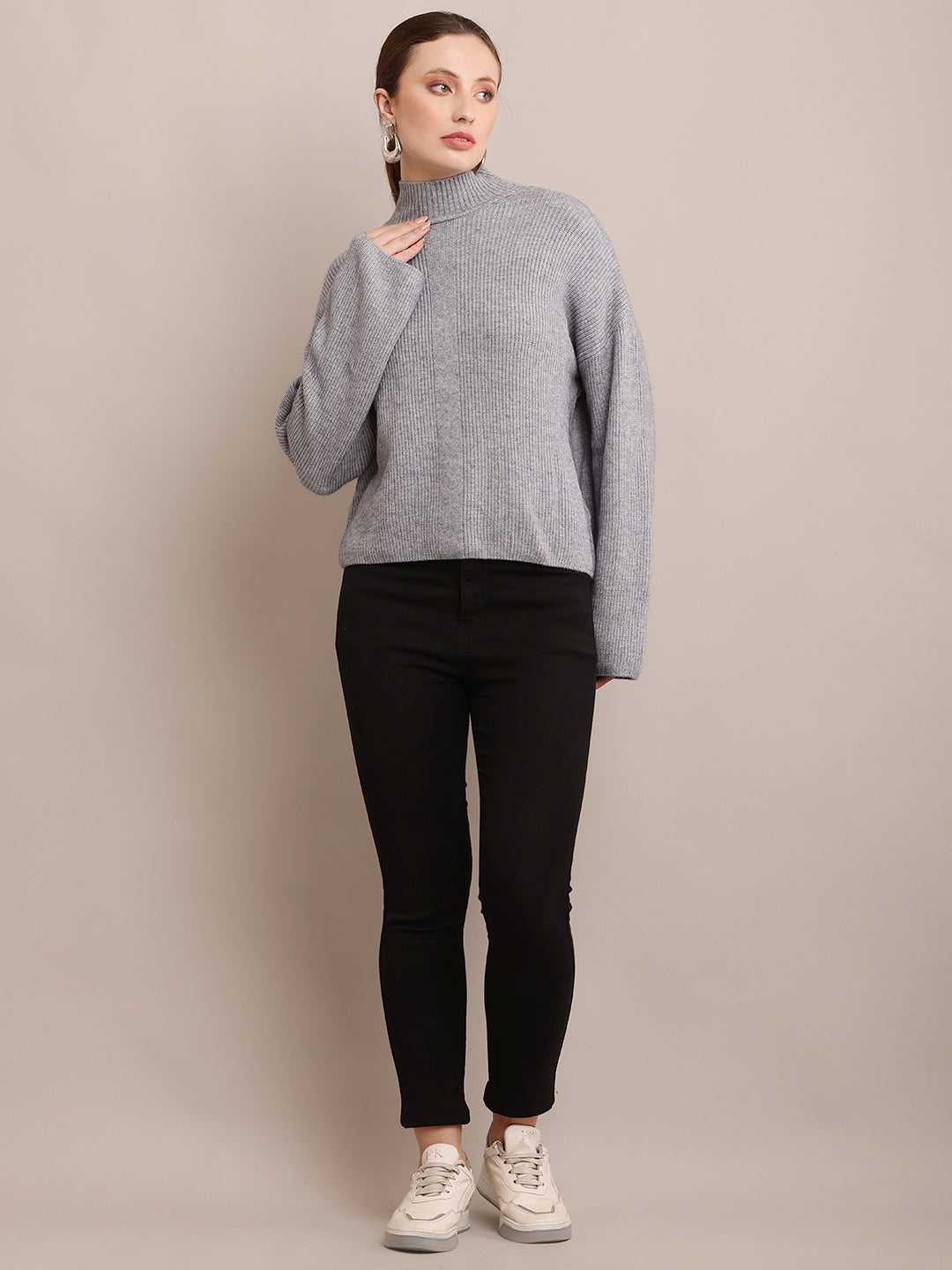 Women Viscose Full Sleeve Ribbed Grey Sweater