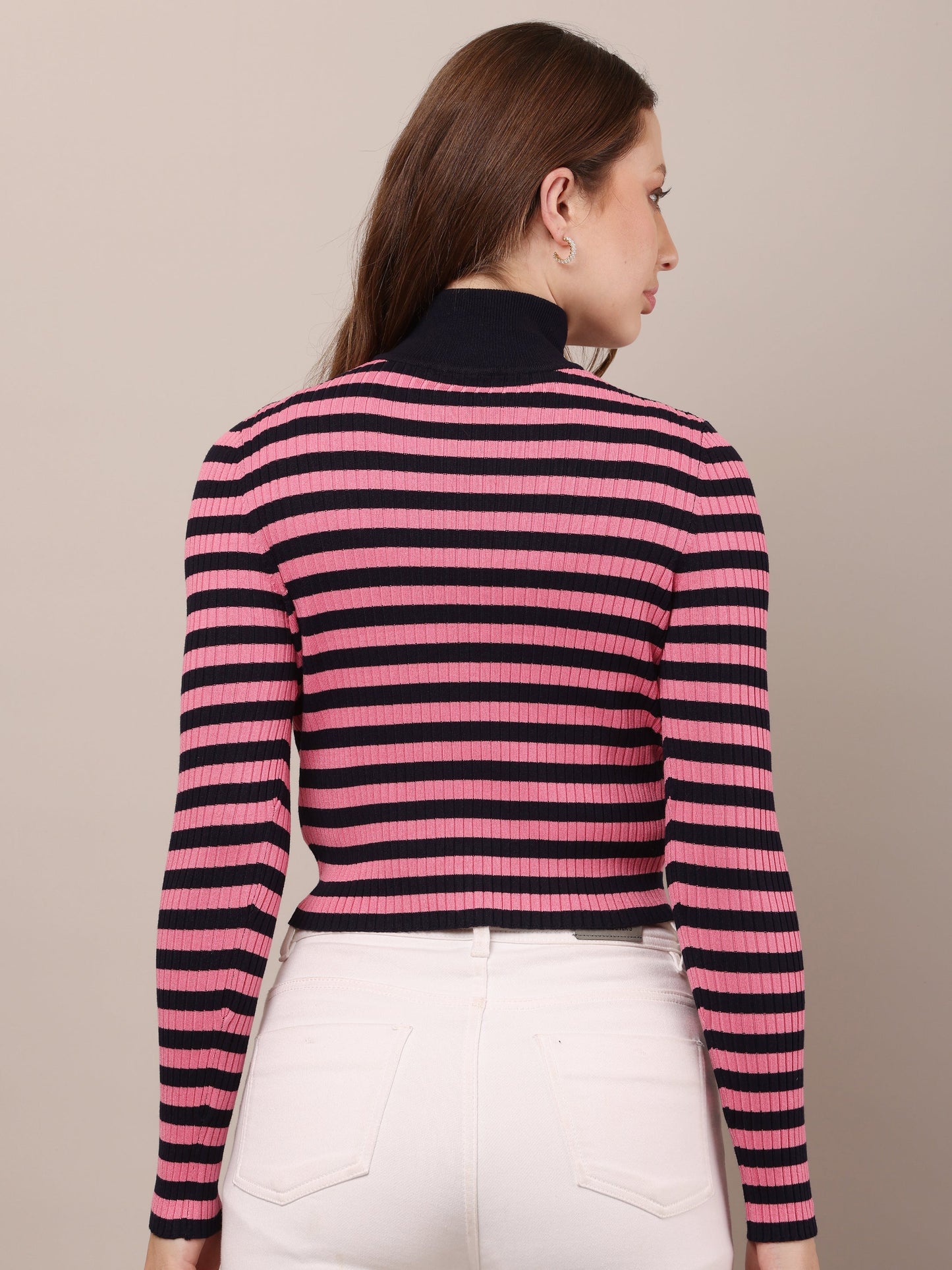 Women Viscose Striped Pink Sweater