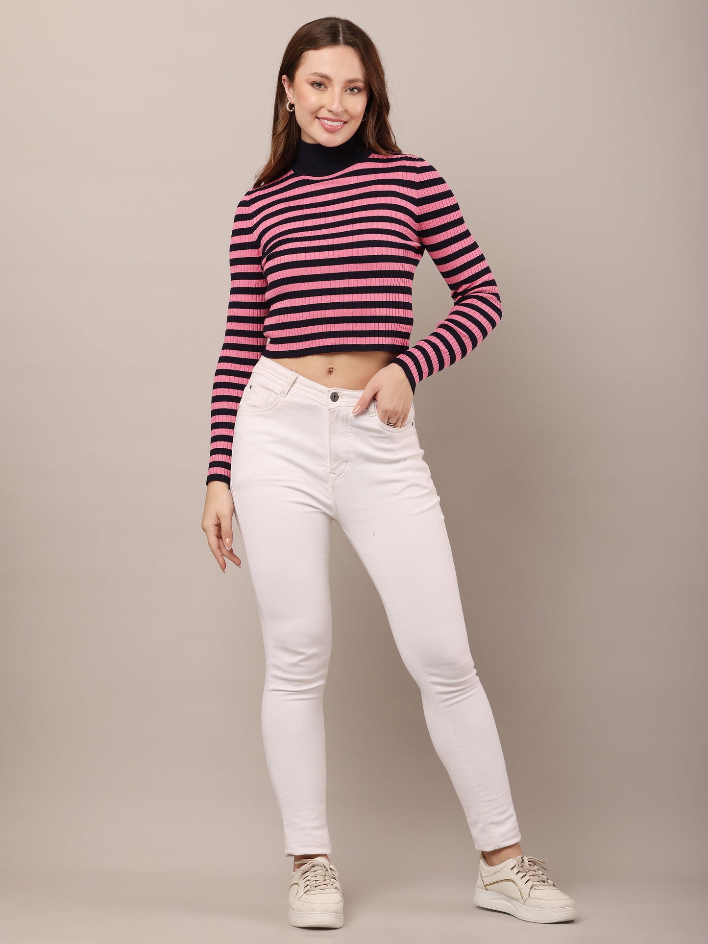 Women Viscose Striped Pink Sweater