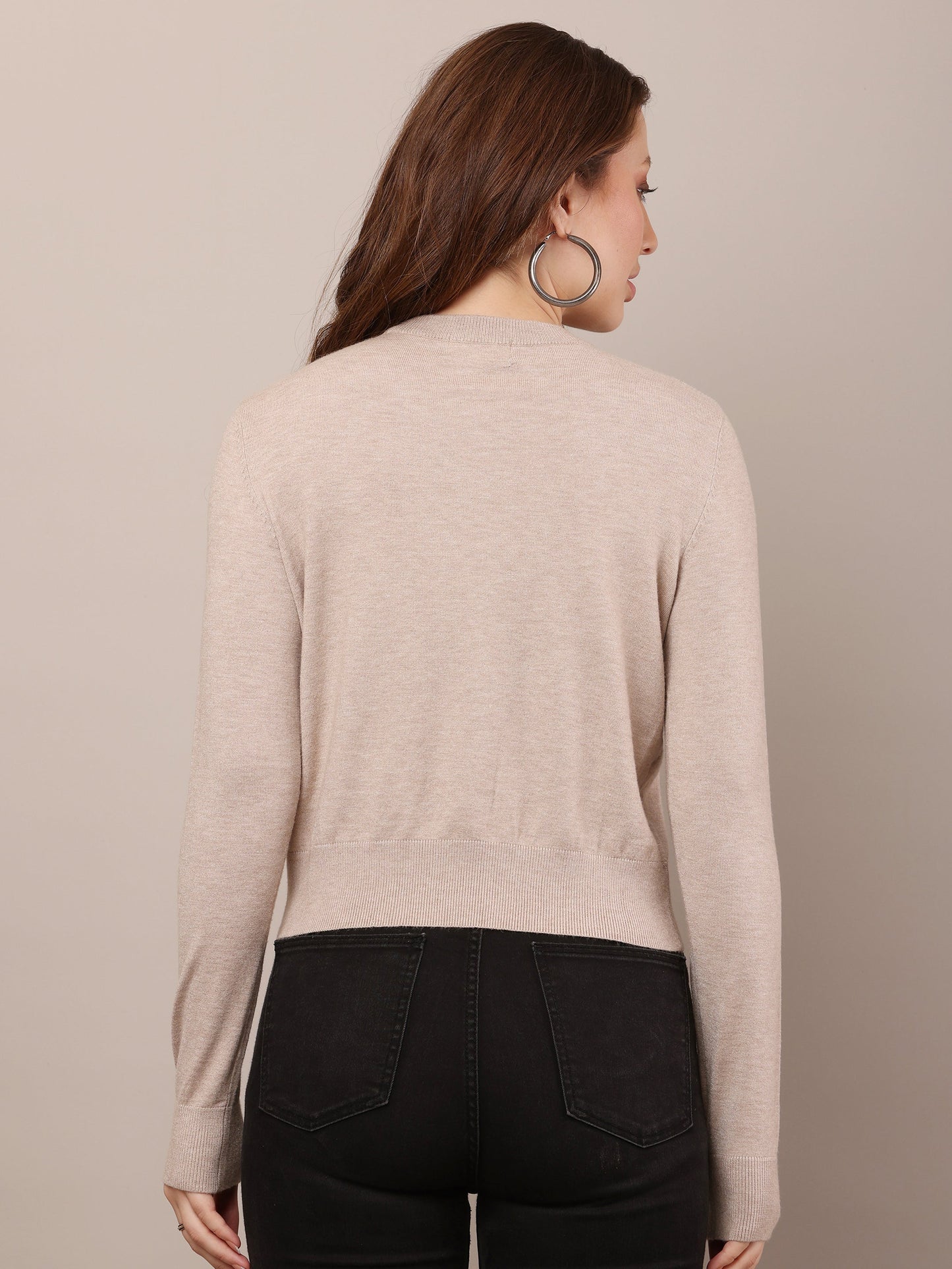 Women Cotton Cropped Beige Sweater