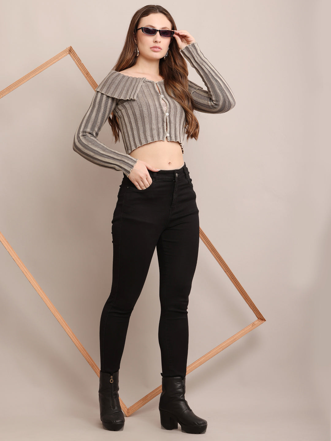 Women Cotton Off-Shoulder Smoke Grey  Crop Top