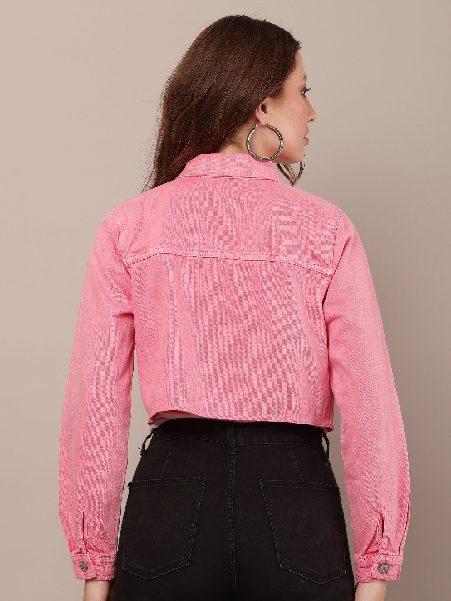 Women Cotton Shirt Collar Pink Jacket