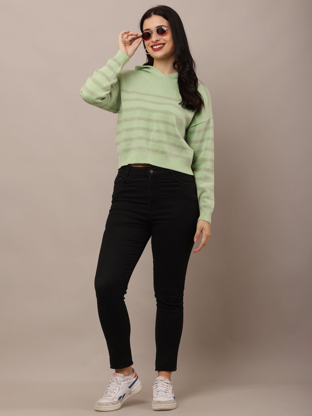 Women Green Striped Sweatshirt
