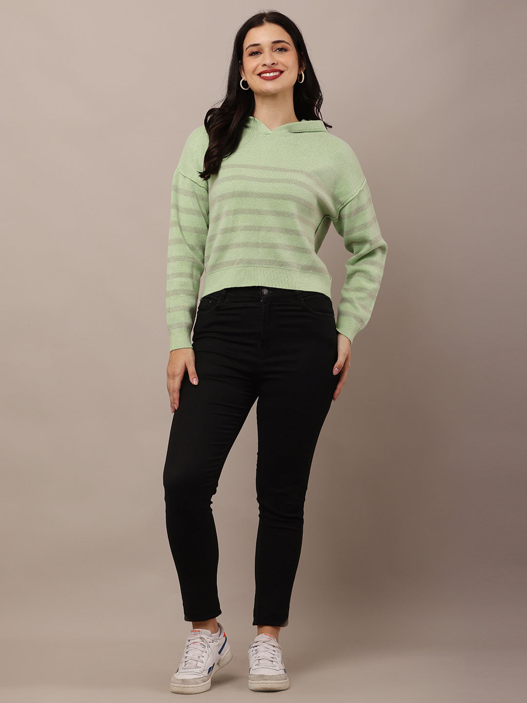 Women Green Striped Sweatshirt