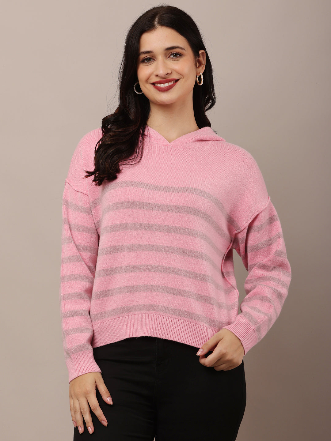 Women Pink Striped Sweatshirt 