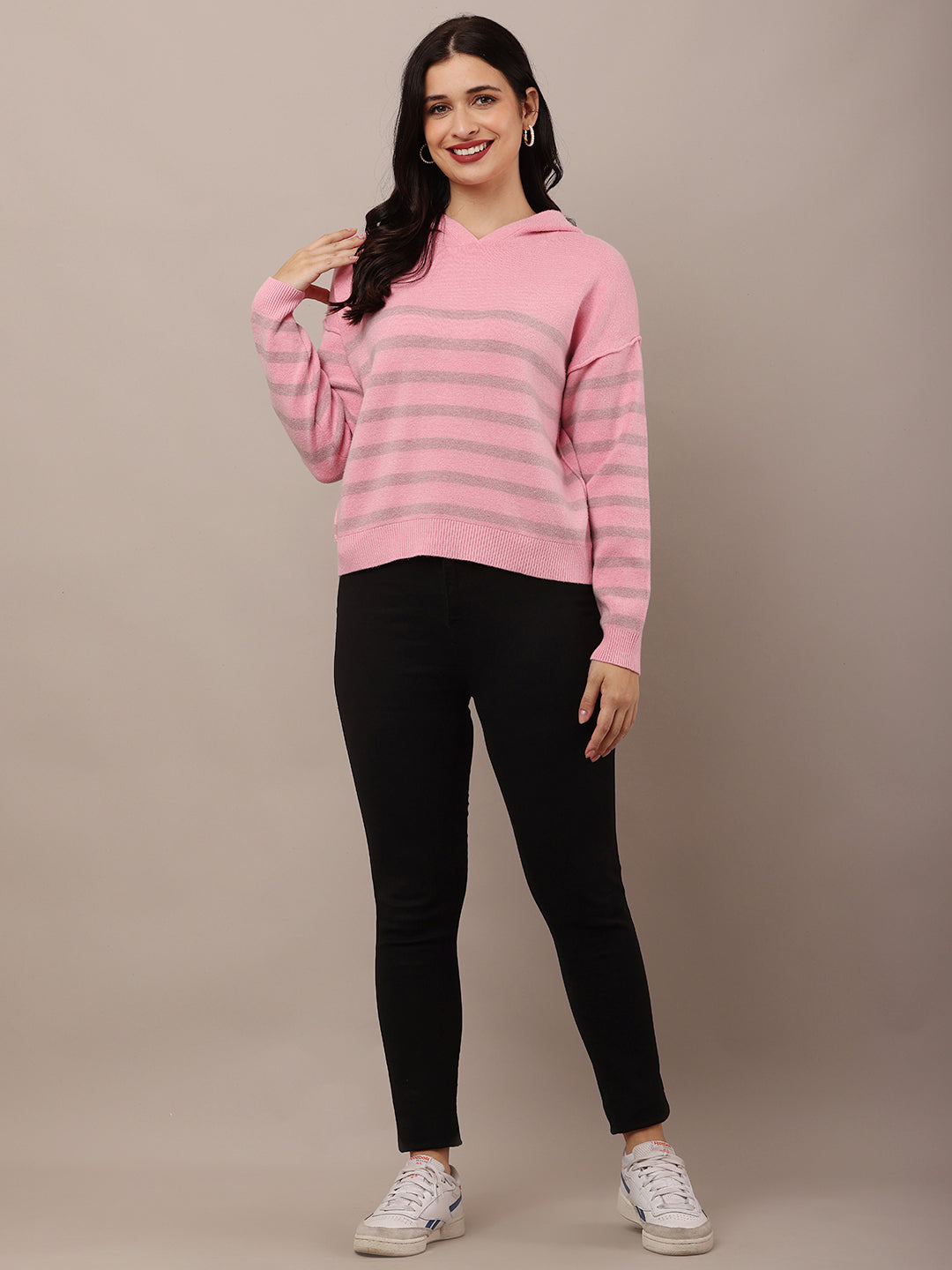 Women Pink Striped Sweatshirt