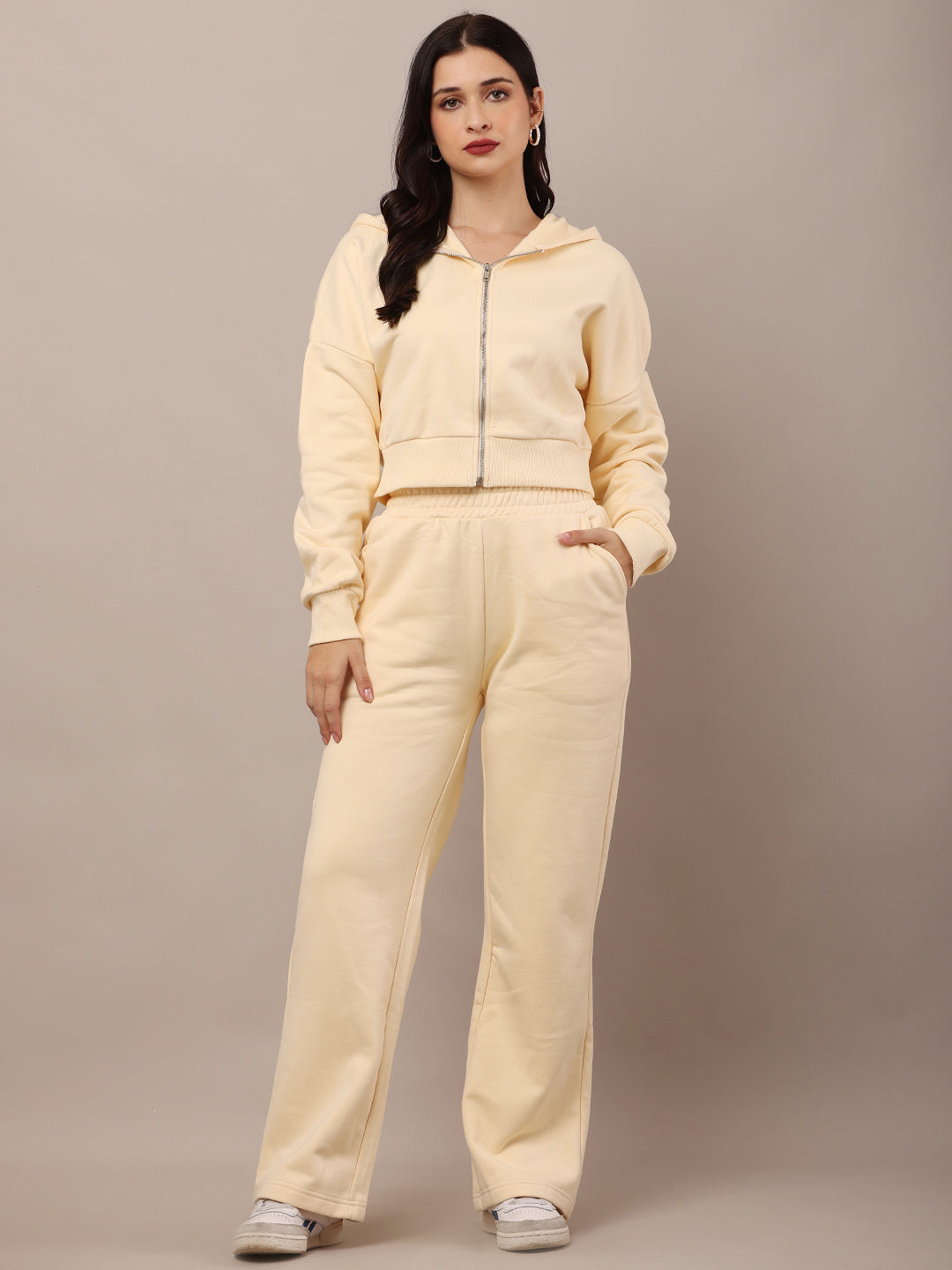 Women Cream Hooded Sweatshirt With Trouser Co-Ord Set 