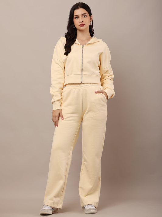 Women Cream Hooded Sweatshirt With Trouser Co-Ord Set 