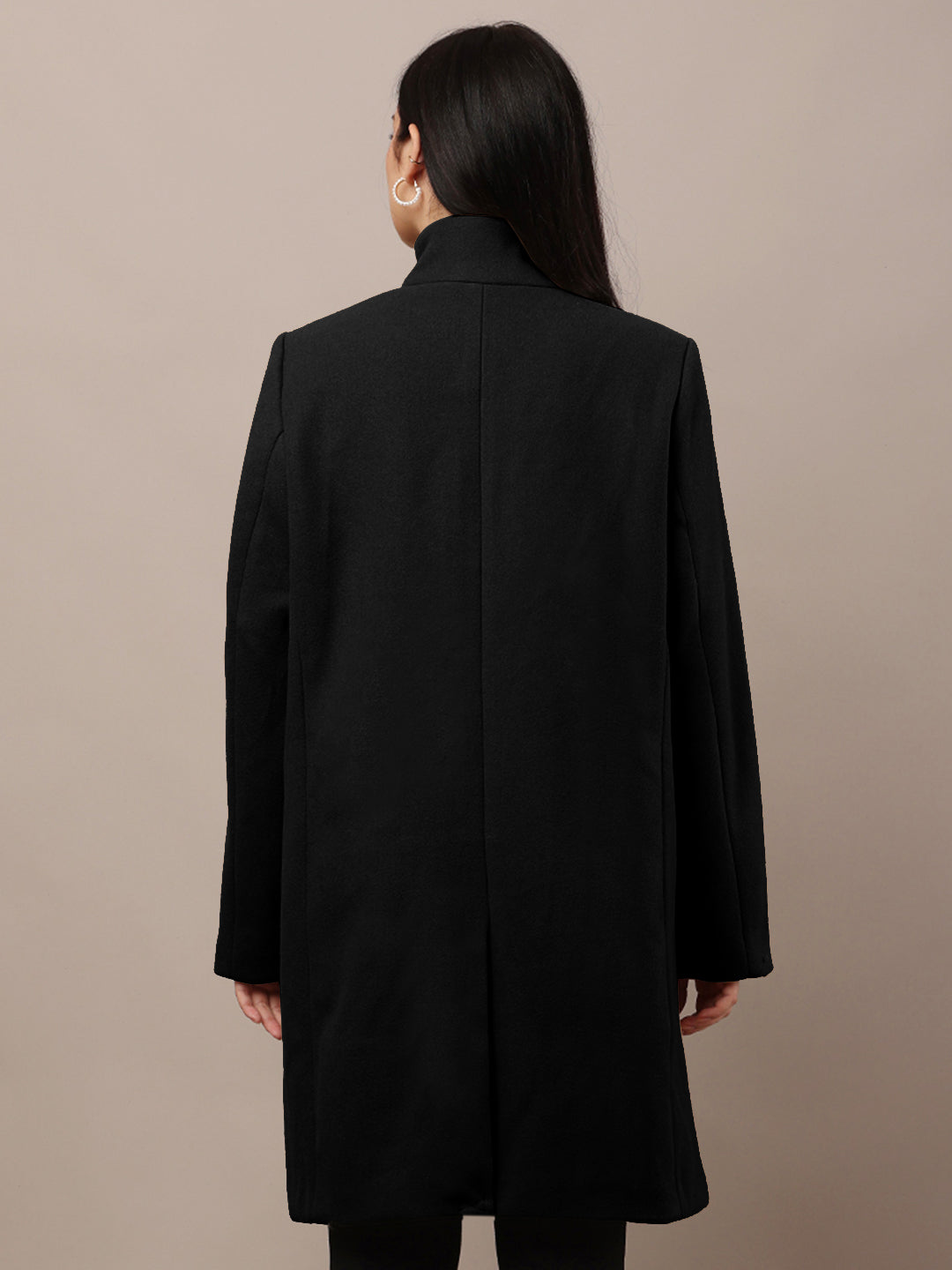 Women Black Polyester High-Neck Stylish Trench Coat