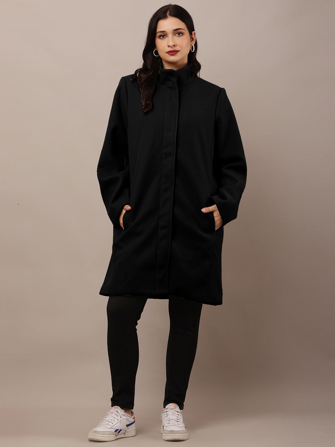 Women Black Polyester High-Neck Stylish Trench Coat
