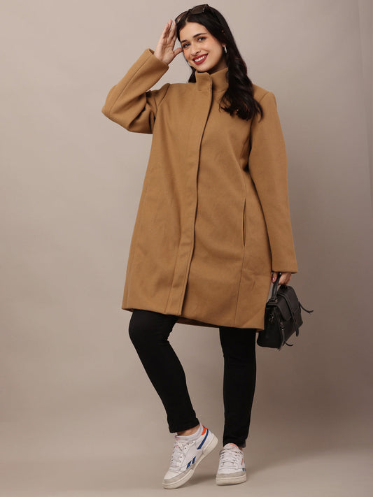 Women Brown Polyester High-Neck Stylish Trench Coat